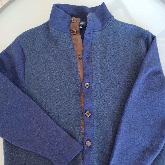 Turtleson Men Blue 100% Extra Fine Merino Wool Mock Neck Button Cardigan Medium - Picture 8 of 10